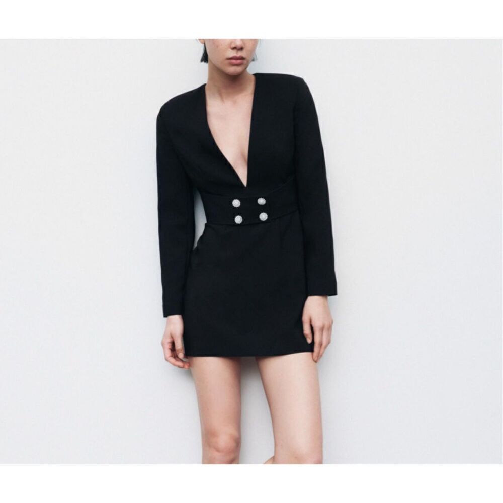 Zara Black Long Sleeve V Neck Belted Mini Dress Size Medium